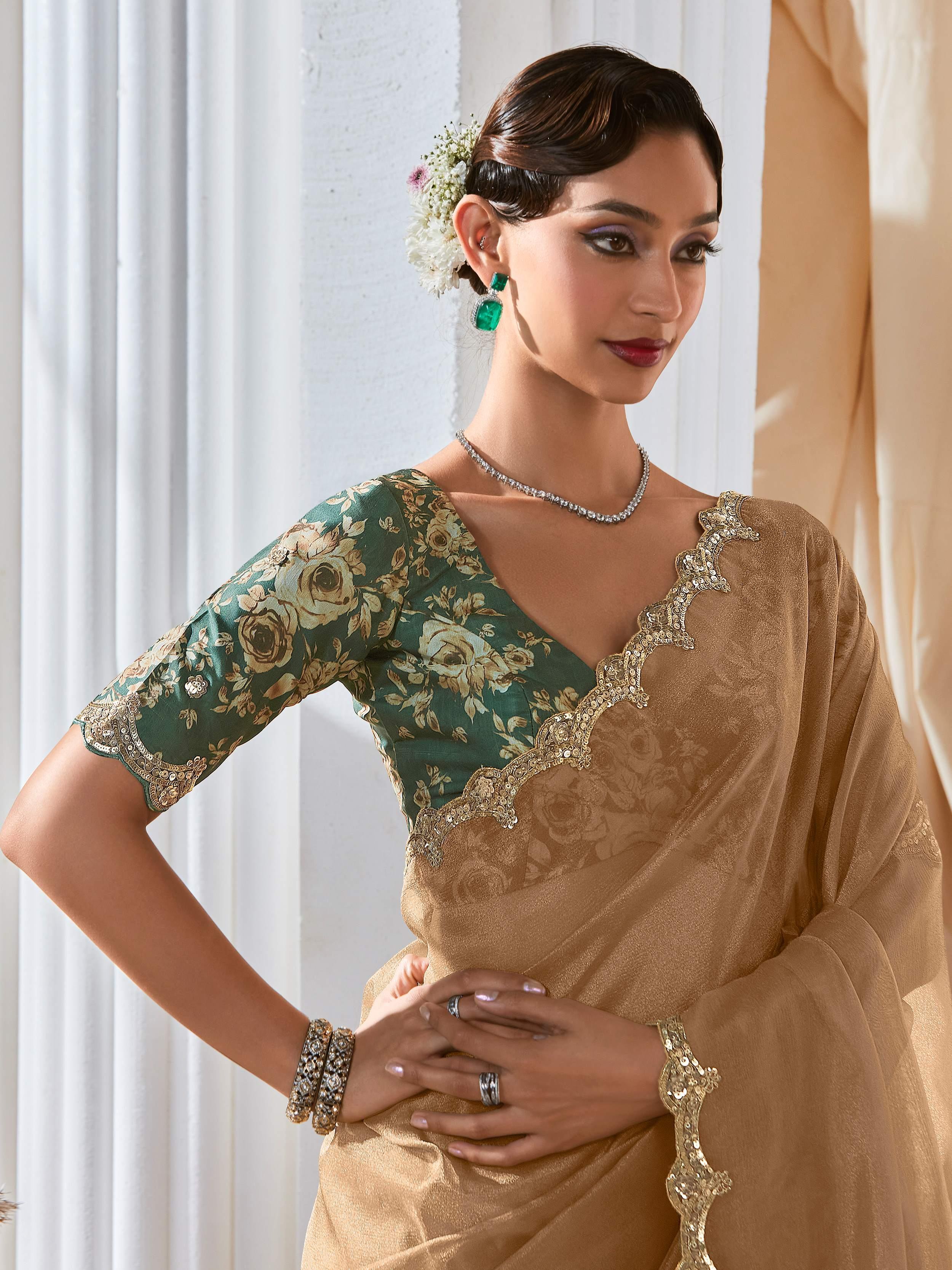 Mesmerizing Beige Organza Border Work Saree With Green Printed Blouse