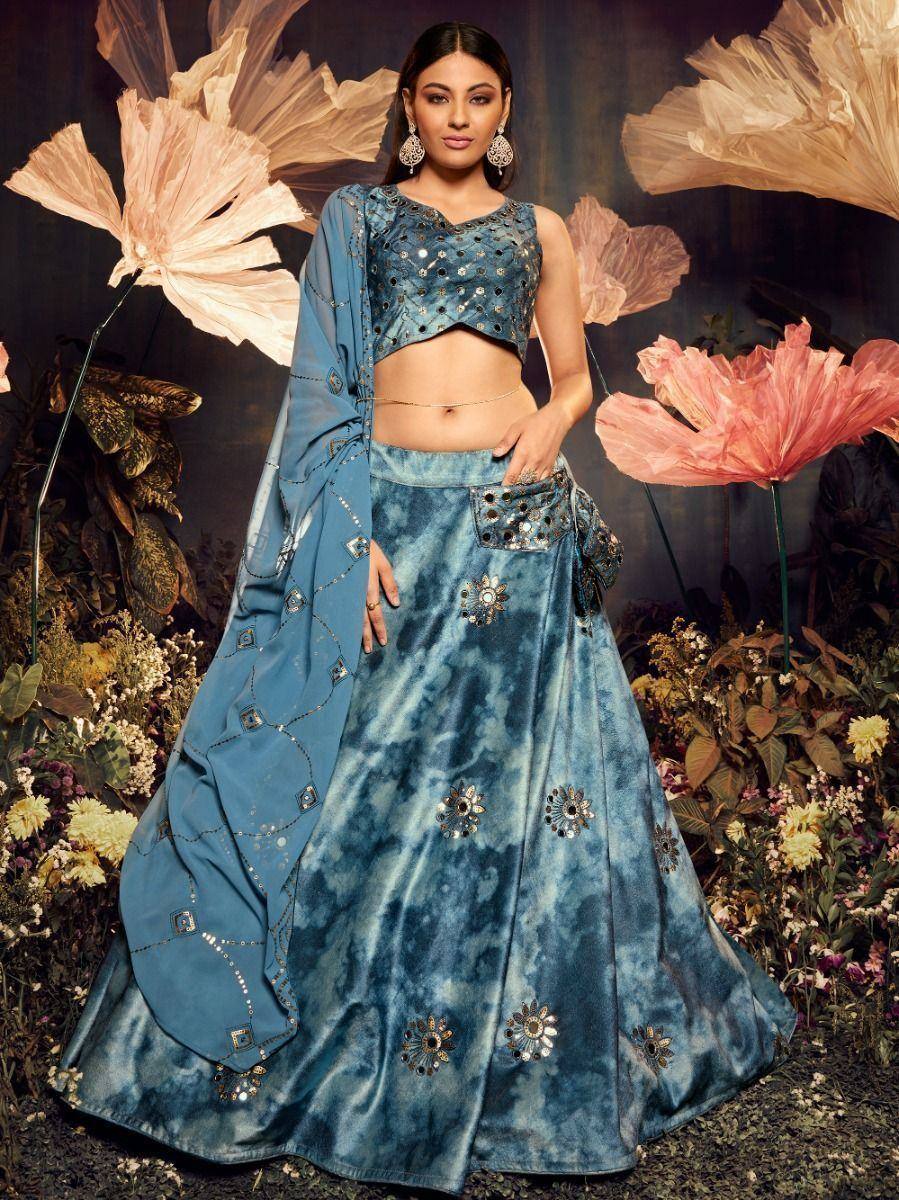 Blue velvet lehenga choli with mirror work, floral embroidery, and dupatta for Indian ethnic wear