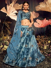 Graceful Dusty-Sky Sequins Embroidered Velvet Lehenga Choli
