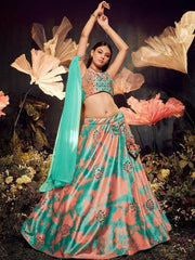 Beautiful Turquoise-Orange Sequins Embroidered Velvet Lehenga Choli