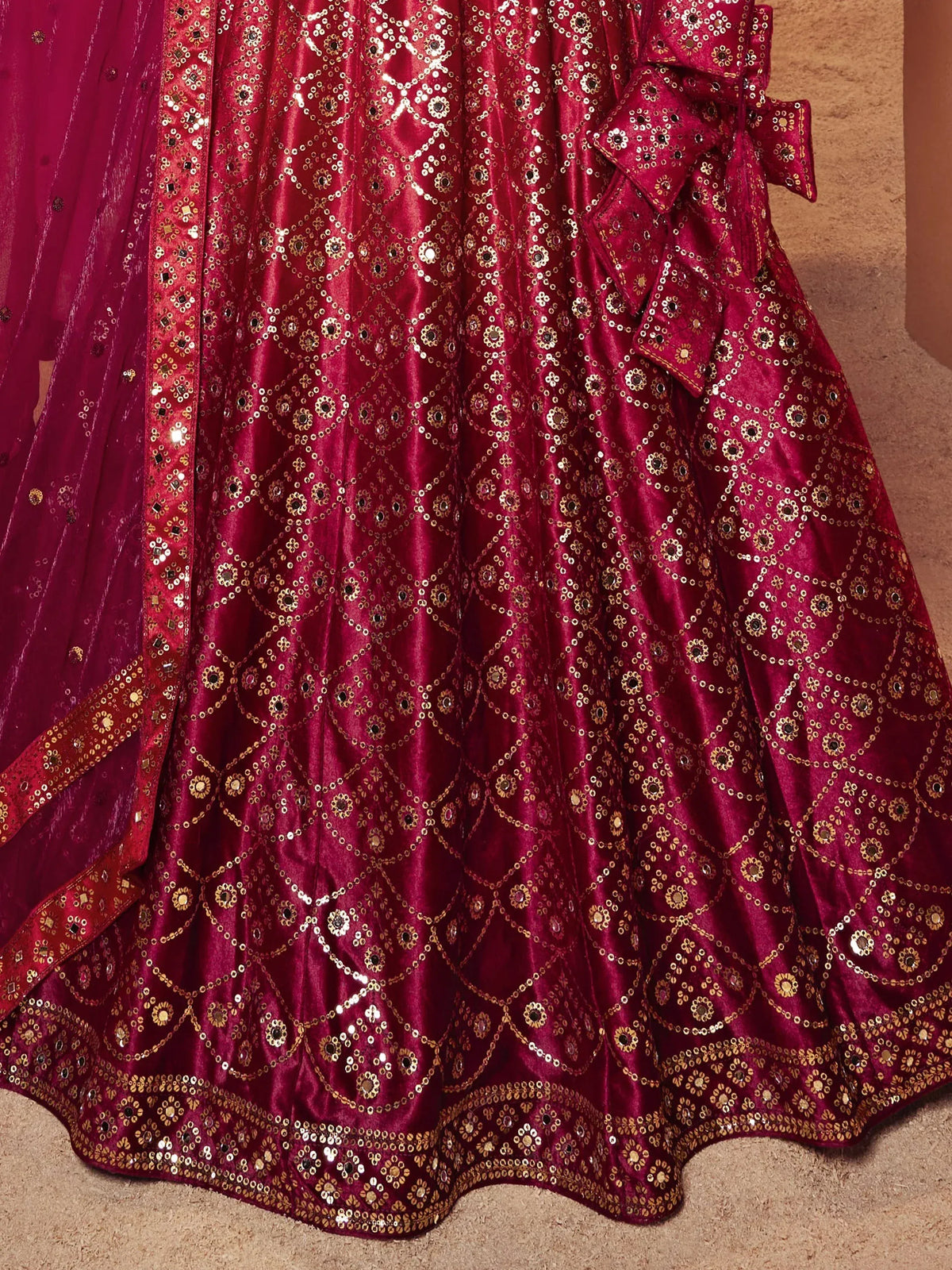 Luxury maroon lehenga choli with gold mirror work and sequin embroidery for Indian weddings