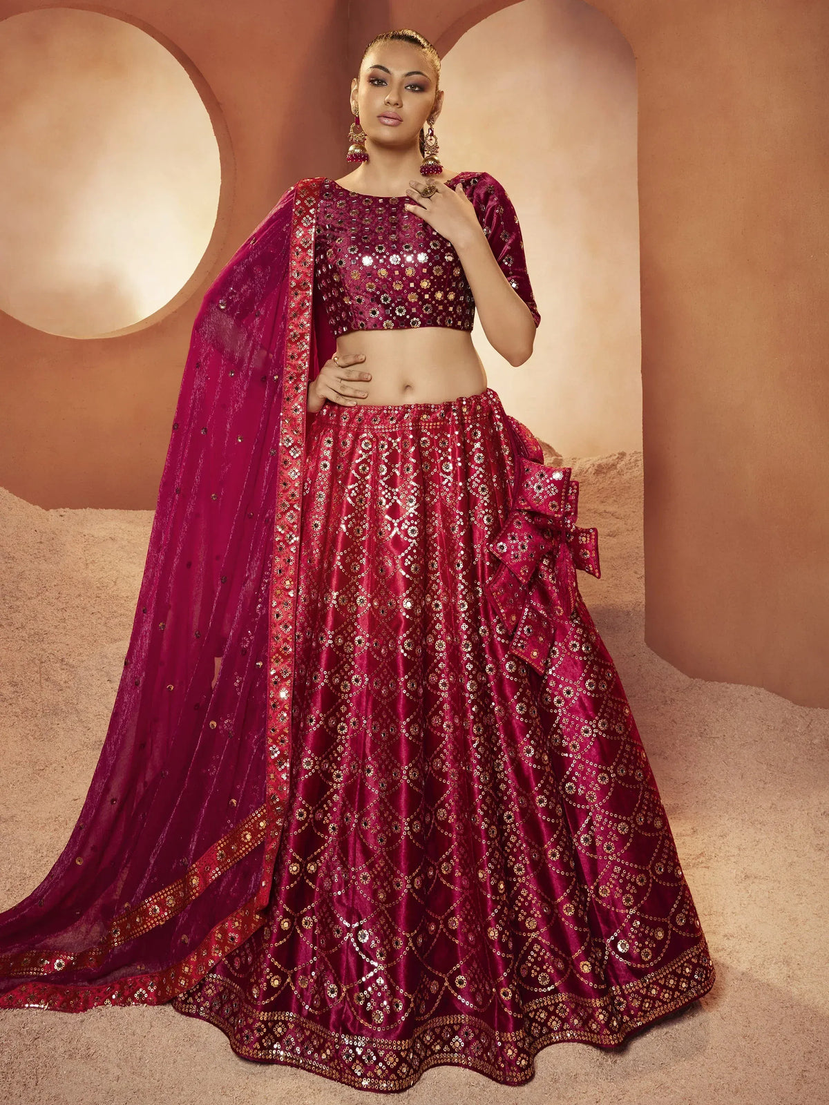 Burgundy sequin lehenga choli with mirror work and sheer dupatta, Indian ethnic wear