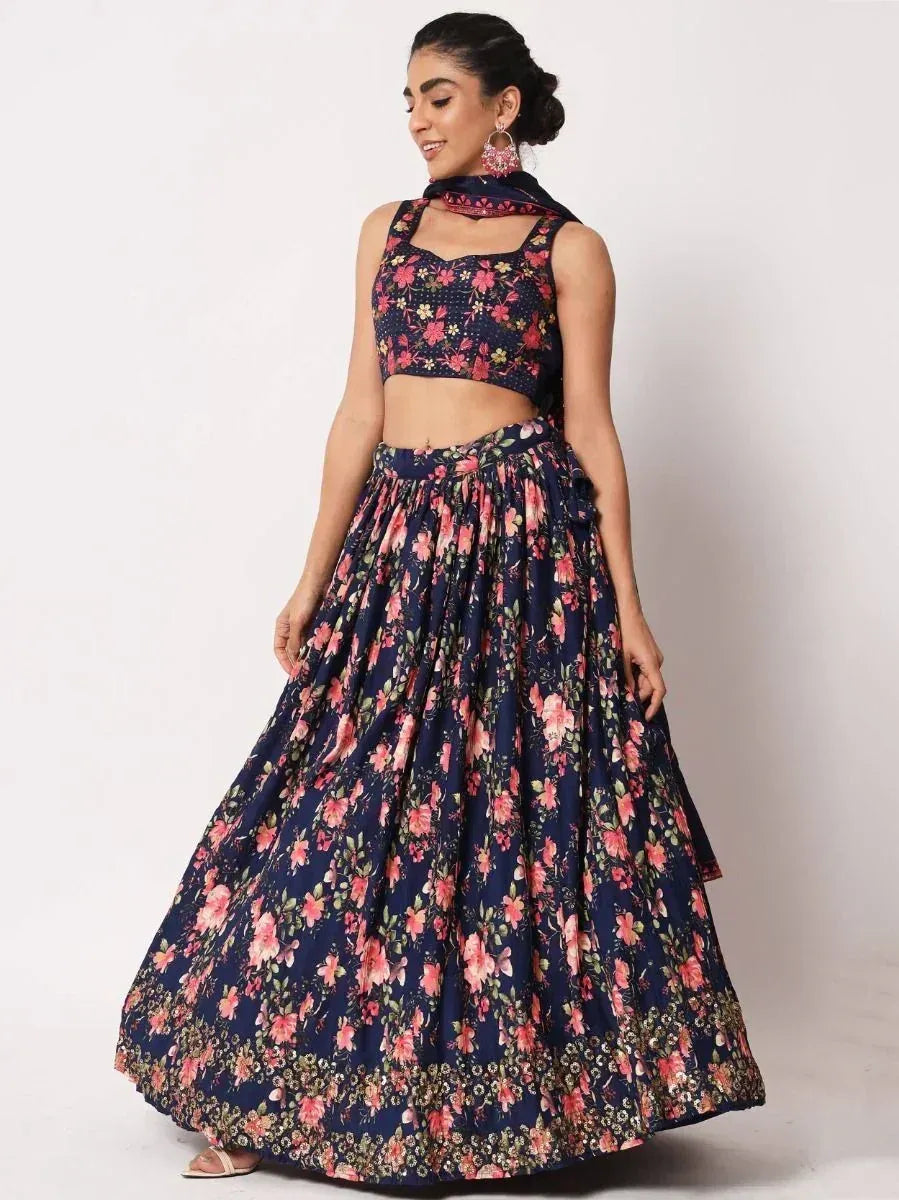 Navy floral lehenga choli with matching dupatta, perfect for Indian ethnic wear occasions