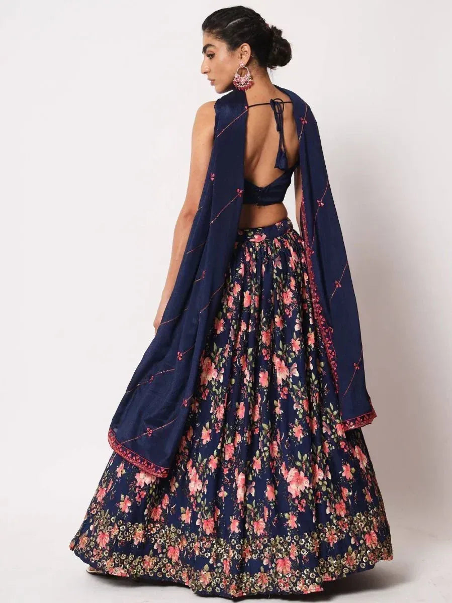 Navy blue floral lehenga choli with back tie blouse and dupatta, Indian ethnic wear