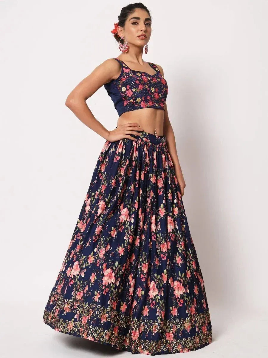 Floral print navy blue lehenga choli with crop top, perfect for Indian ethnic wear occasions