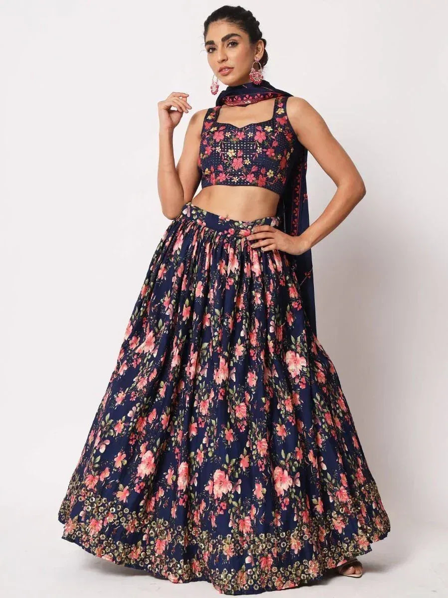 Navy blue floral lehenga choli with matching dupatta, perfect for Indian ethnic occasions