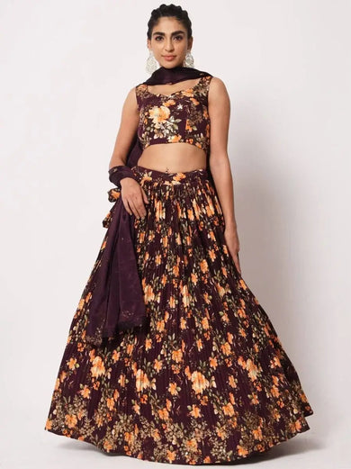 Fabulous Maroon Art Silk Floral Printed Party Lehenga Choli