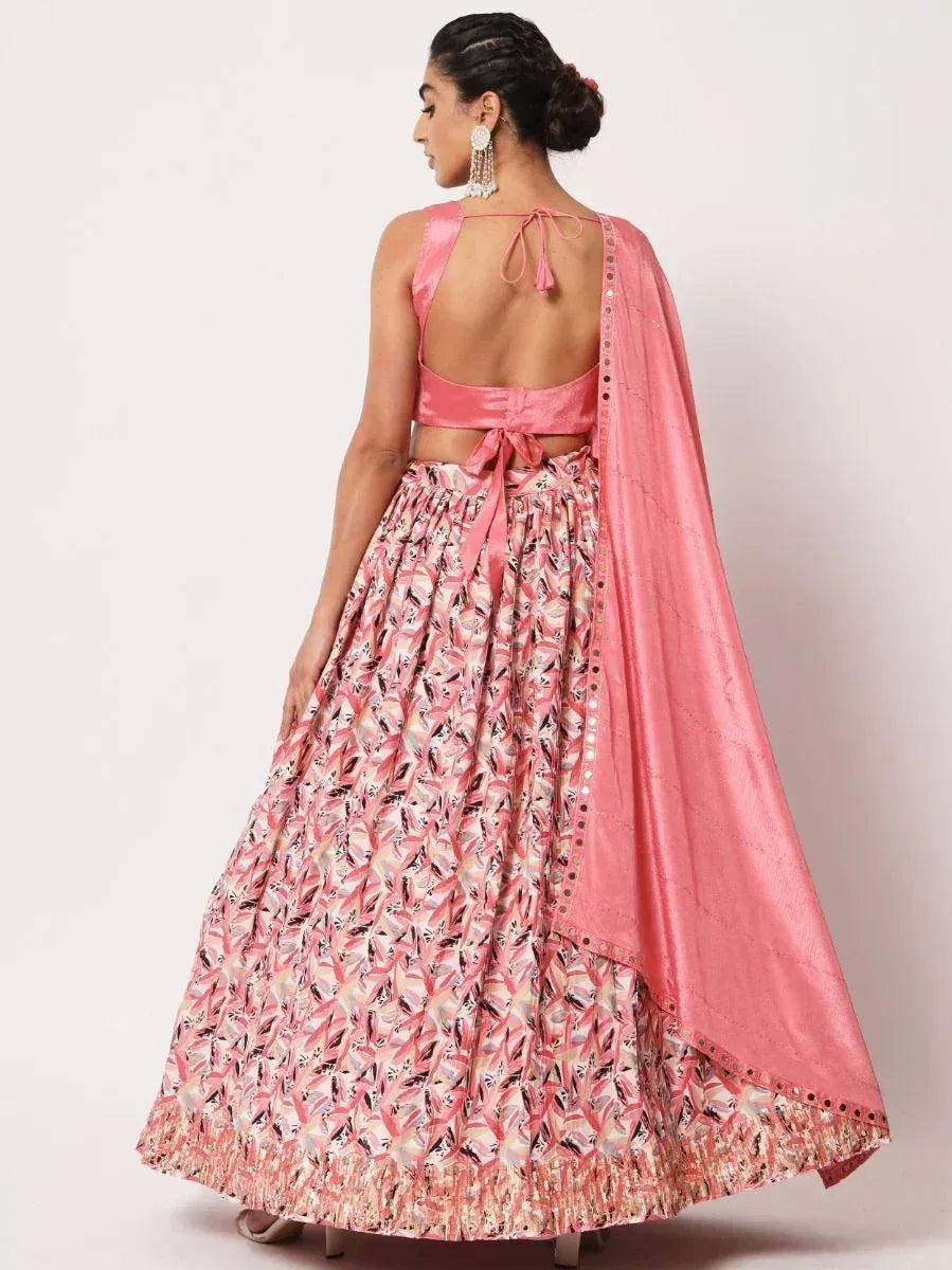 Pink printed lehenga choli with back tie blouse and dupatta, Indian ethnic wear