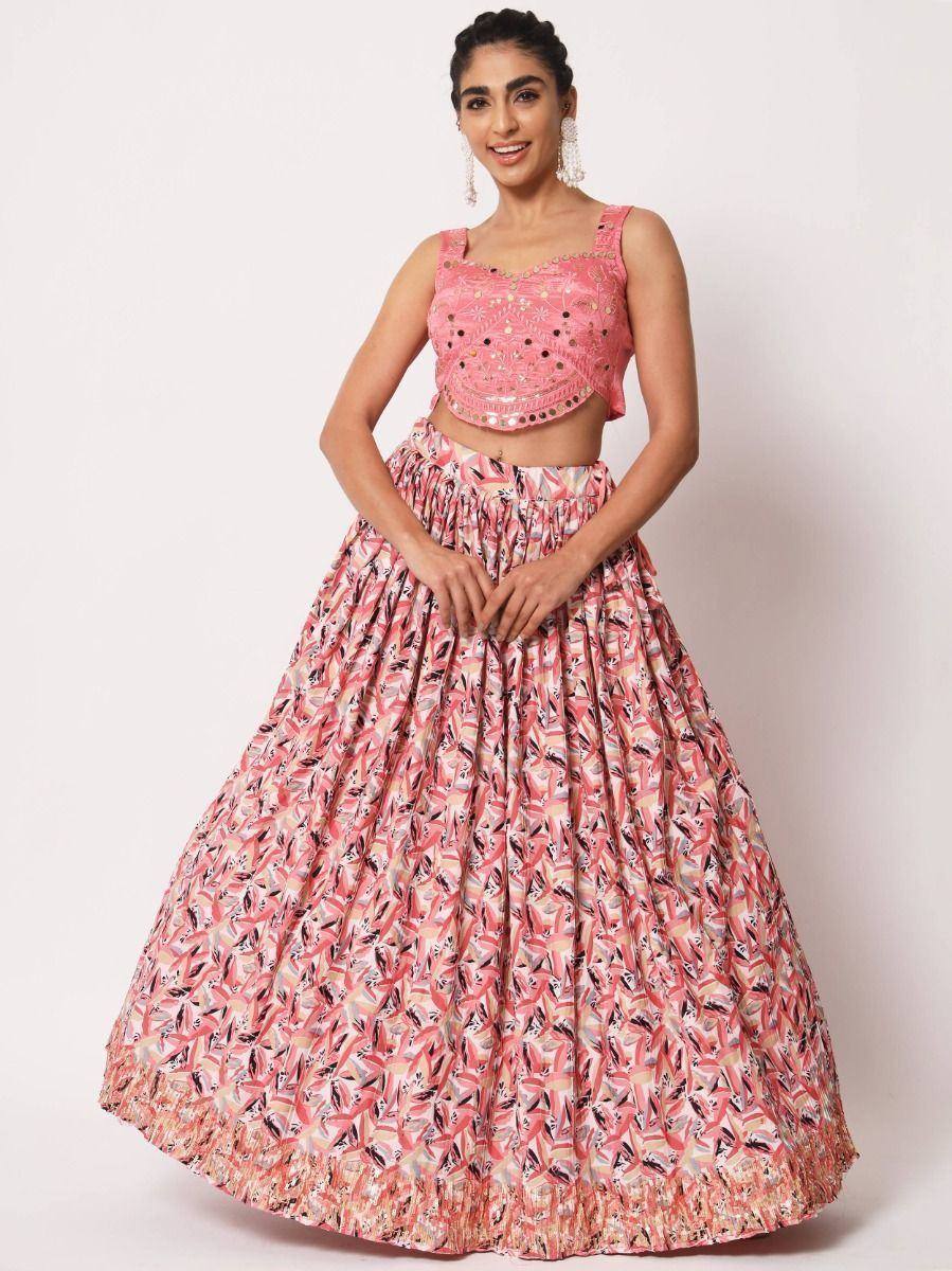 Pink printed lehenga choli with embroidered crop top, ethnic wear for women