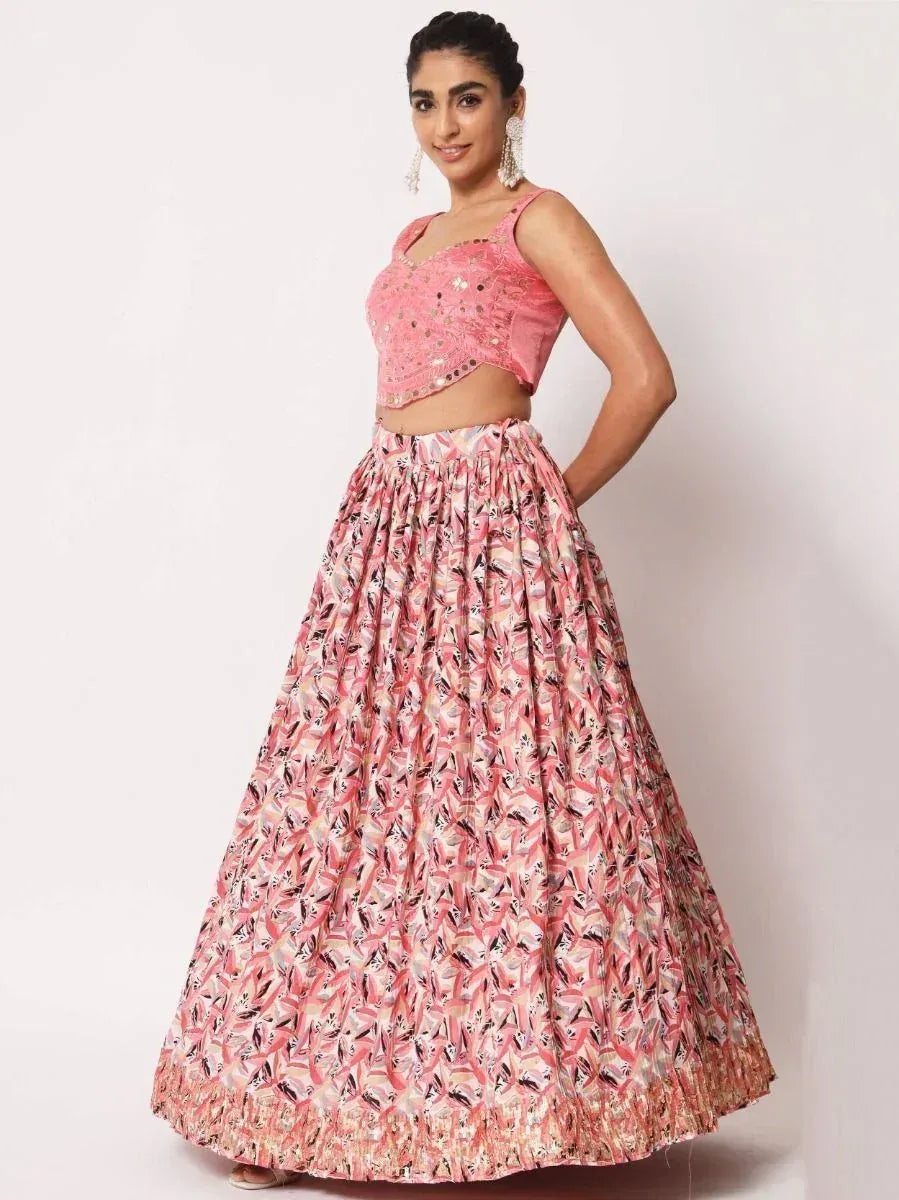 Pink floral lehenga choli with embroidered crop top and pleated skirt, perfect for Indian ethnic occasions
