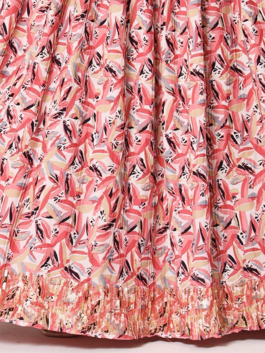 Pink floral print ethnic gown with sequin hem, perfect for Indian occasions and festive wear.