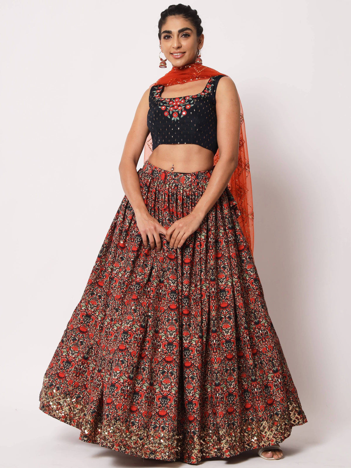 Floral print lehenga choli with black embroidered crop top and orange dupatta, Indian ethnic wear