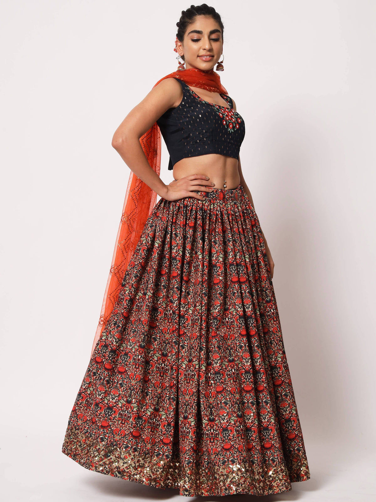 Floral print lehenga choli with orange dupatta, Indian ethnic wear for women