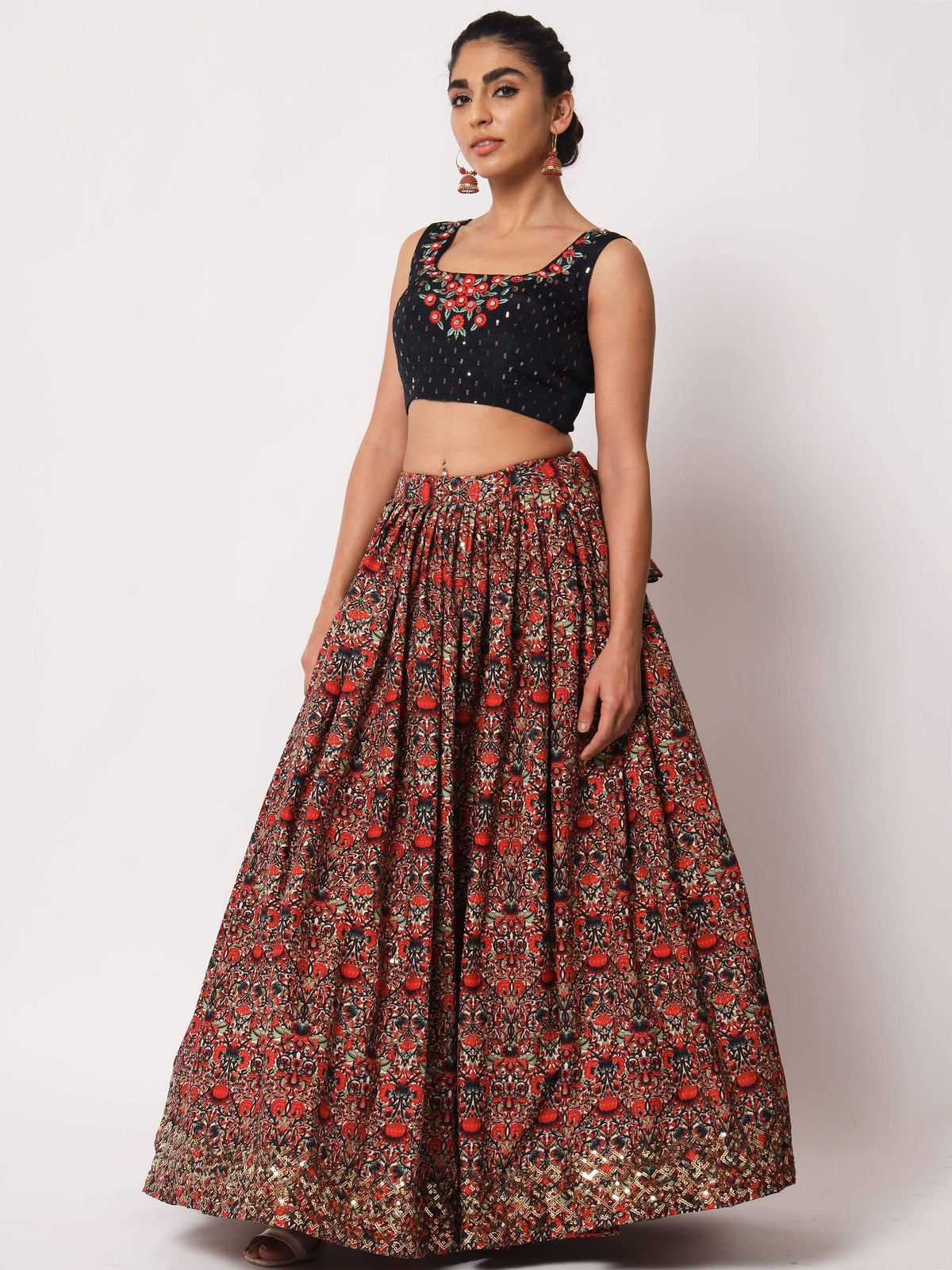 Floral printed lehenga choli with embroidered black blouse for ethnic wear