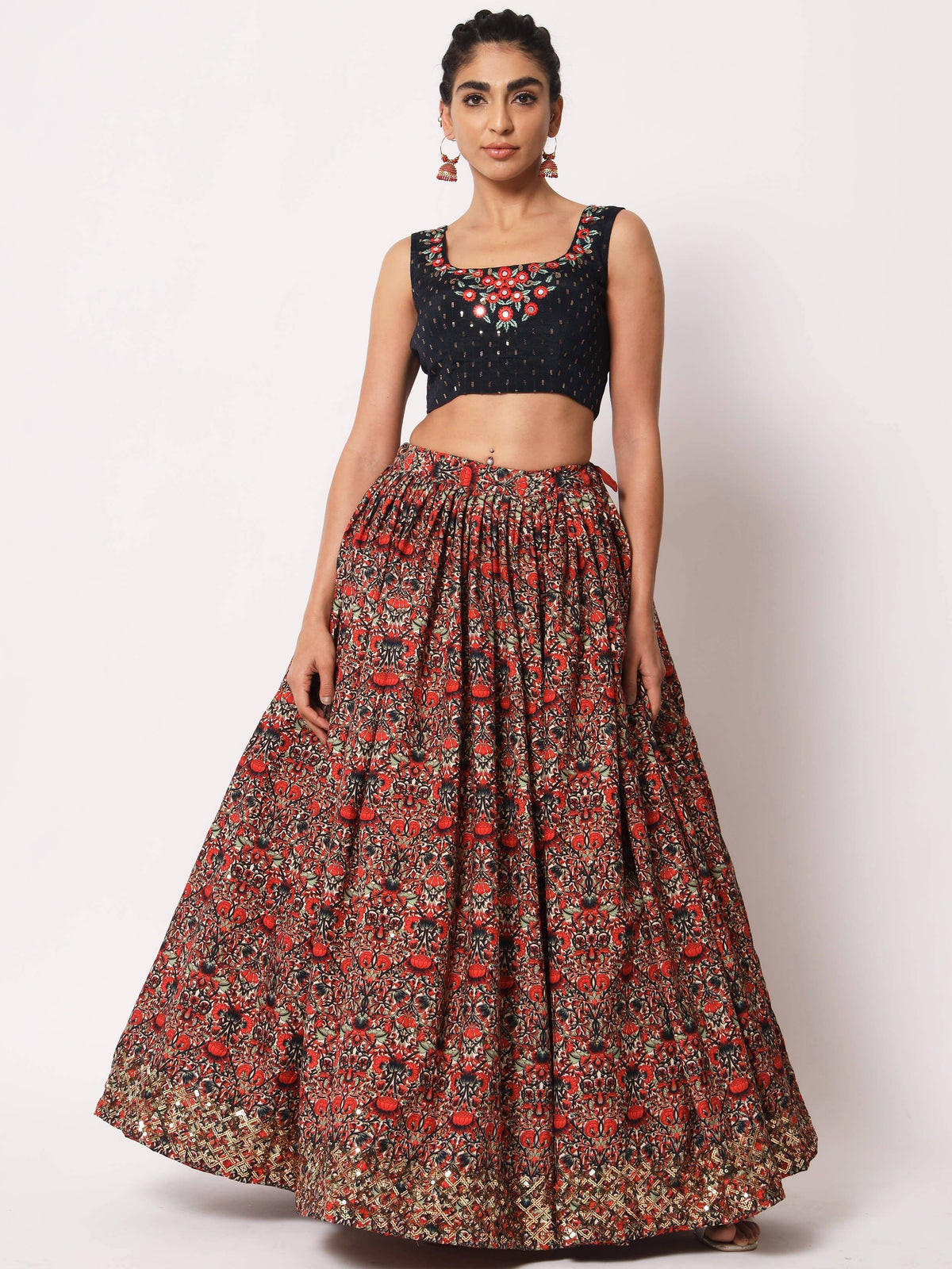 Floral printed lehenga with embroidered black crop top, perfect for Indian ethnic wear