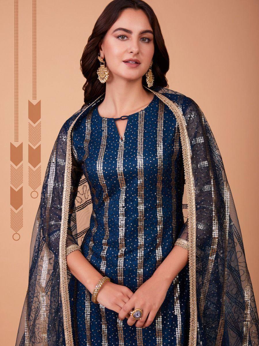 Elegant navy blue designer salwar kameez with gold sequin stripes and sheer dupatta, perfect for ethnic occasions