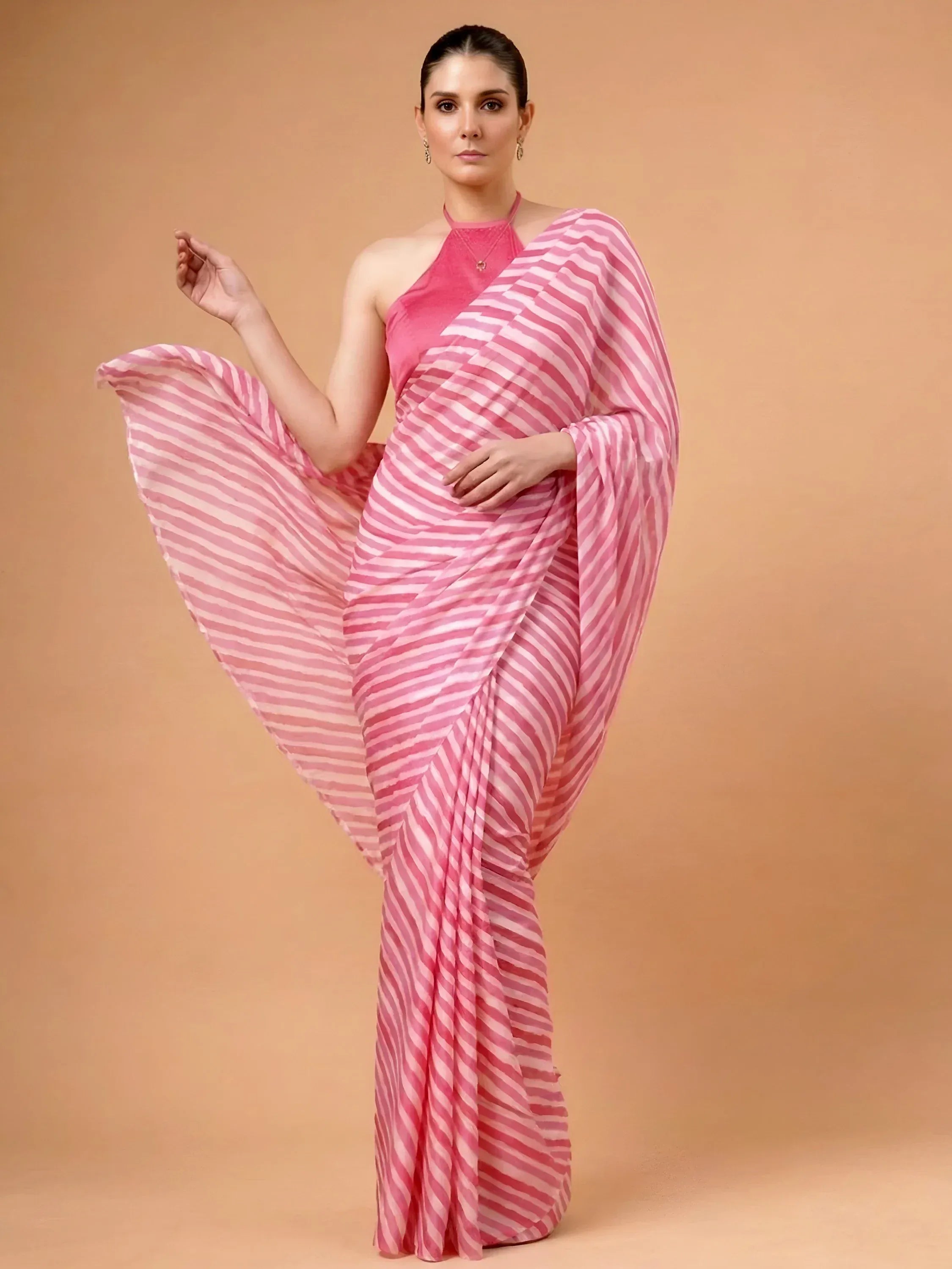 Fascinating Pink Laheriya Printed Satin Wedding Wear Saree With Blouse