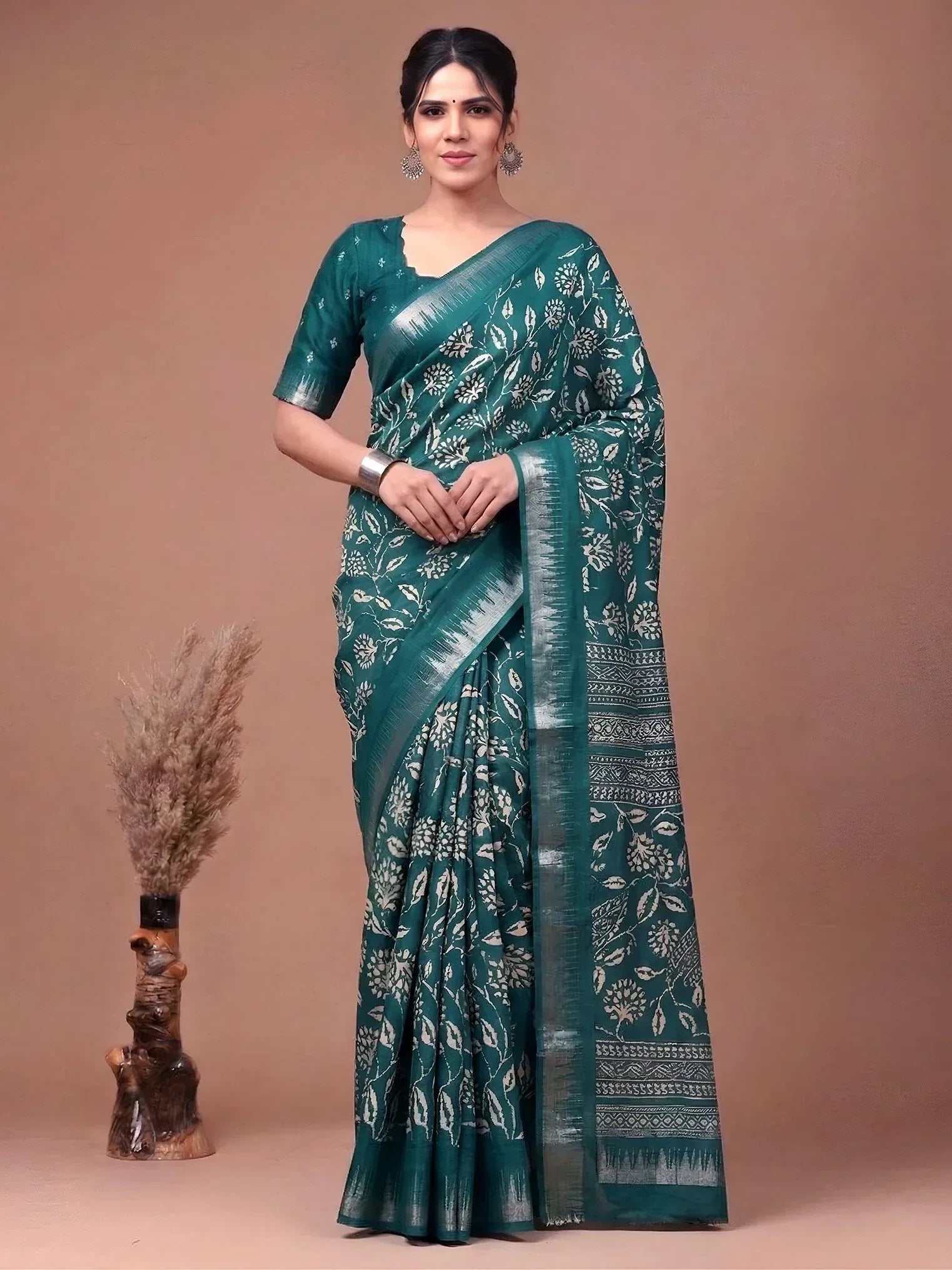 Rich Teal Green Zari Border Silk Festive Wear Saree With Blouse
