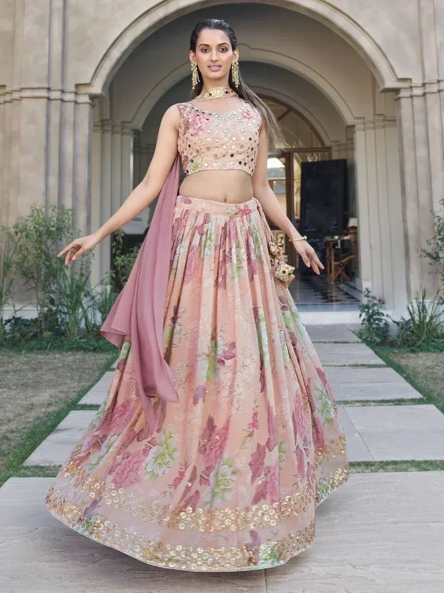 Floral print lehenga choli with gold sequin border, perfect for Indian ethnic wear occasions