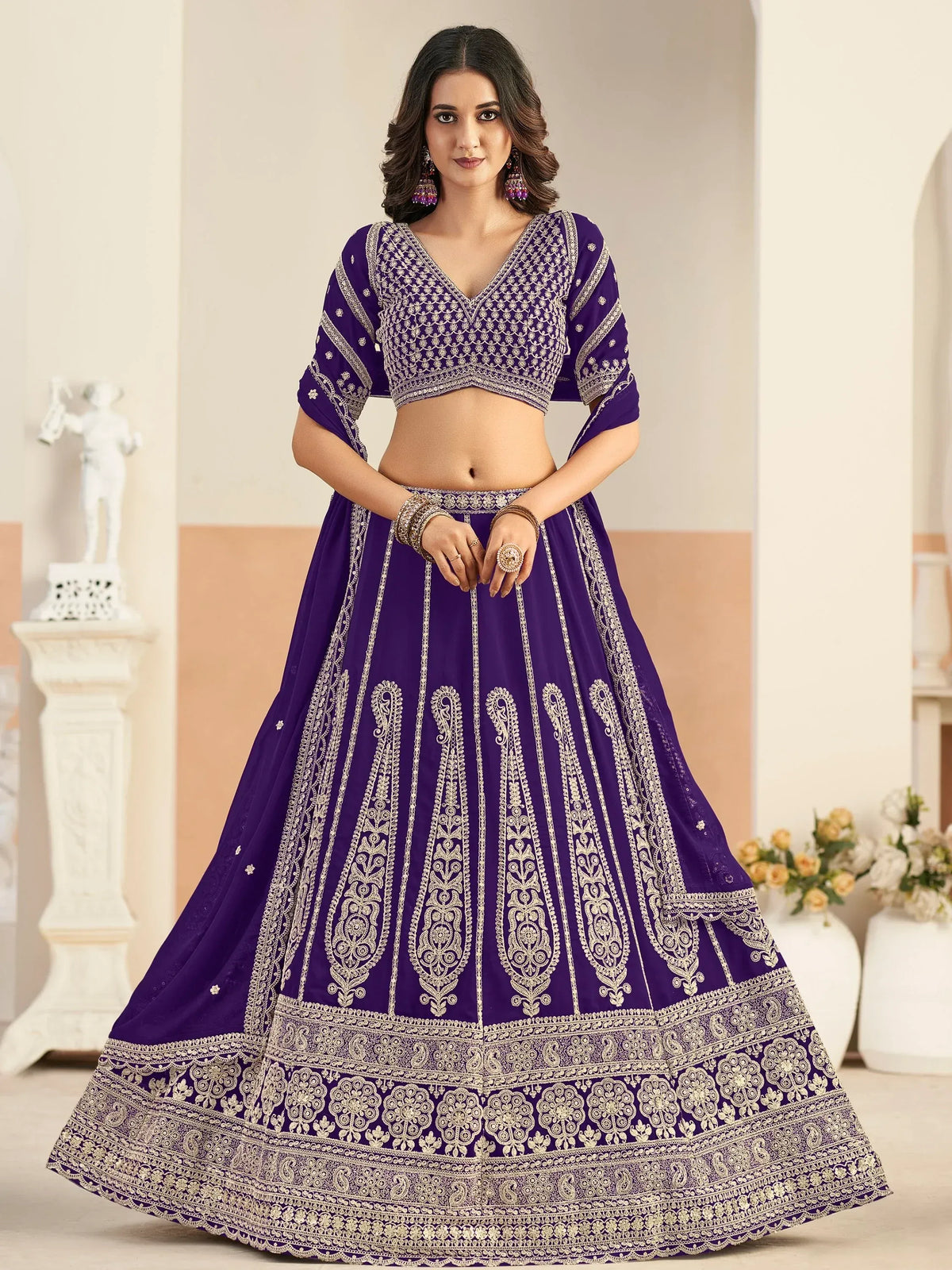 Stunning Purple Sequins Georgette Wedding Wear Lehenga Choli