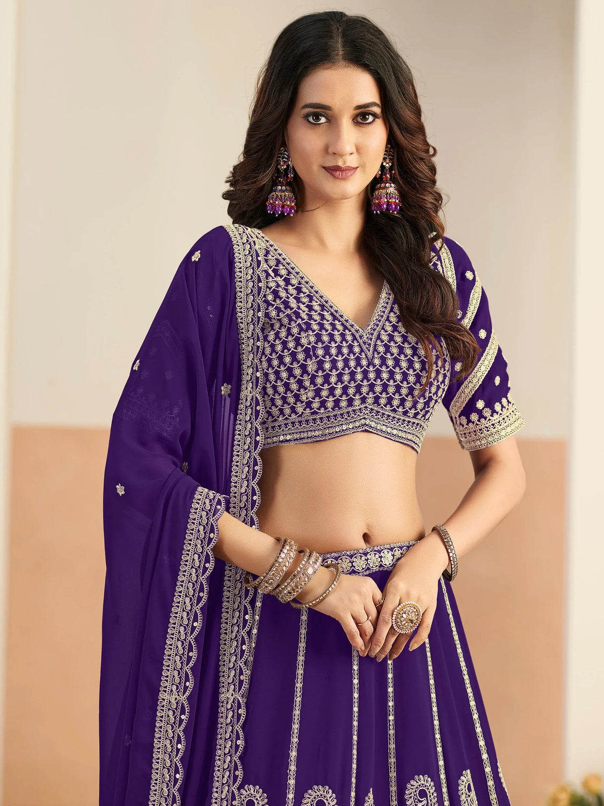 Stunning Purple Sequins Georgette Wedding Wear Lehenga Choli