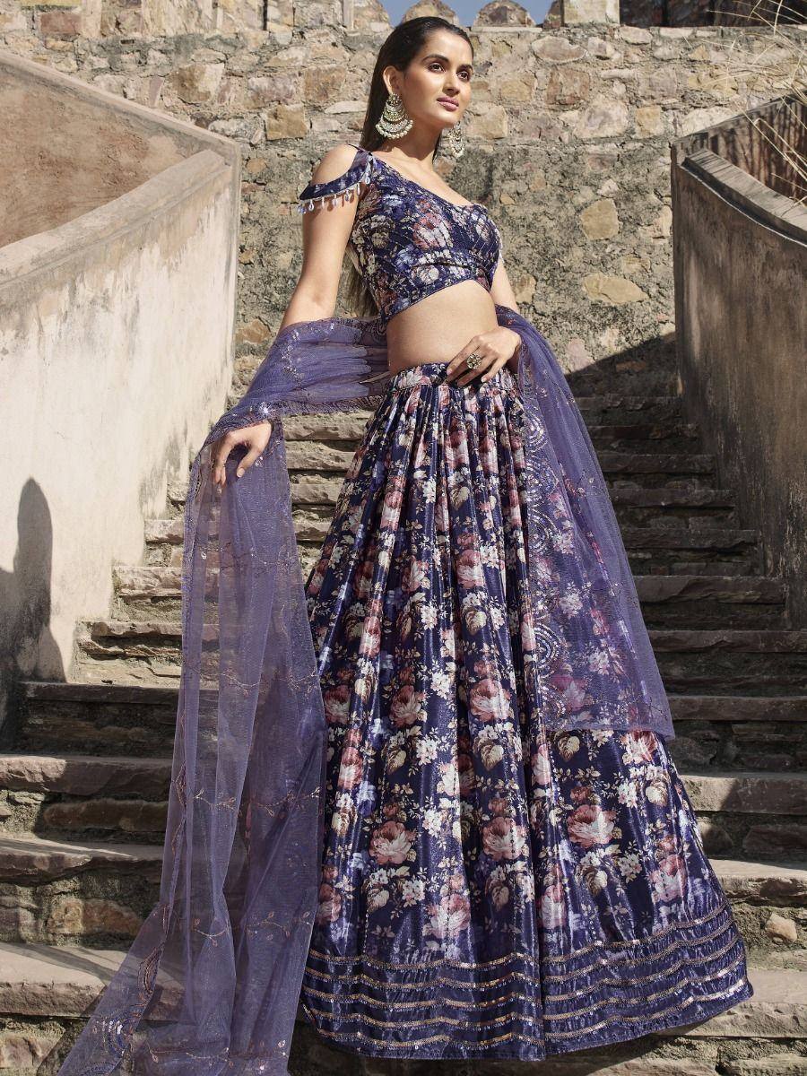 Purple floral lehenga choli with off-shoulder blouse and sheer dupatta, perfect for Indian ethnic occasions