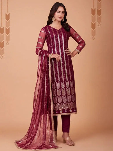 Ravishing Wine Sequence Embroidered Net Salwar Suit