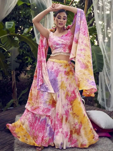 Appealing Multi-color Shibori Printed Silk Ready-Made Crop Top Lehenga