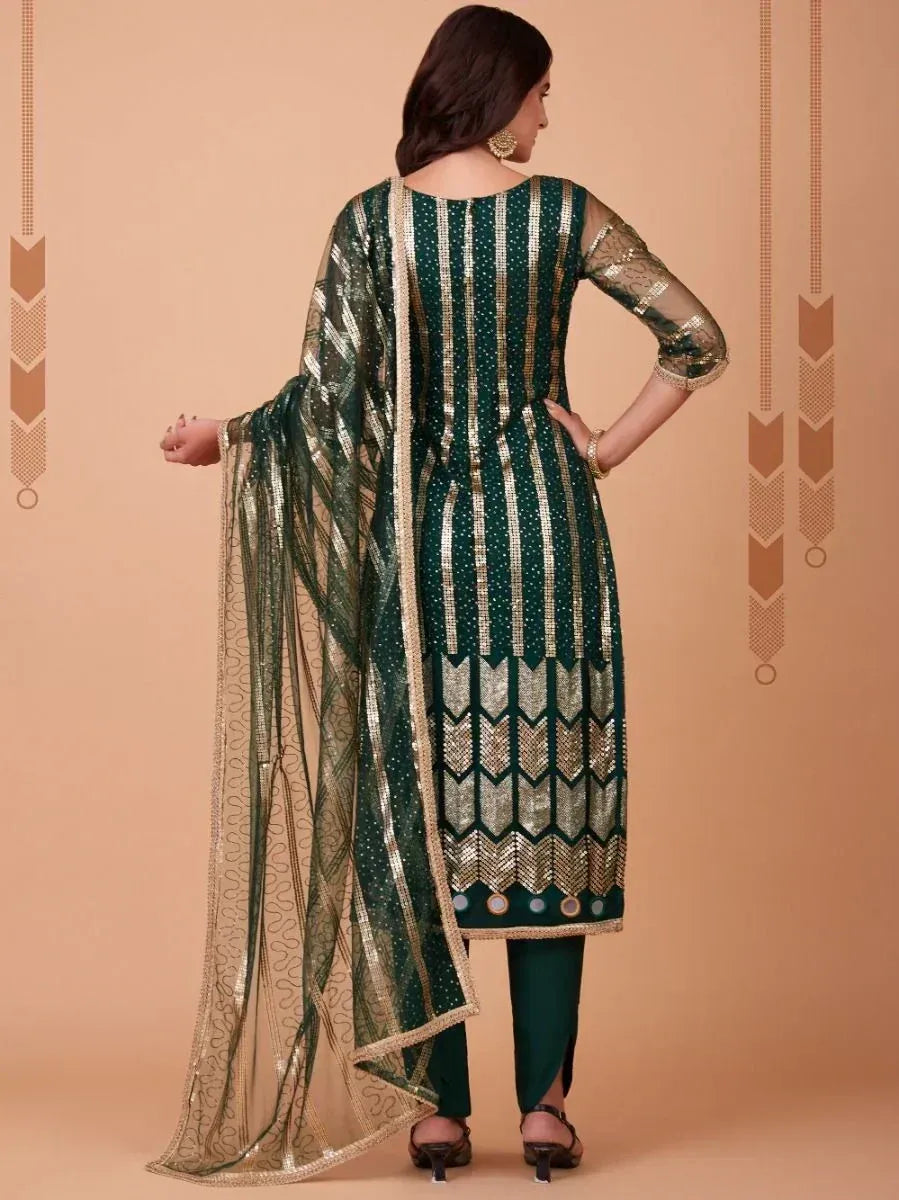 Emerald green designer salwar kameez with gold embroidery and sheer dupatta, ethnic wear for women