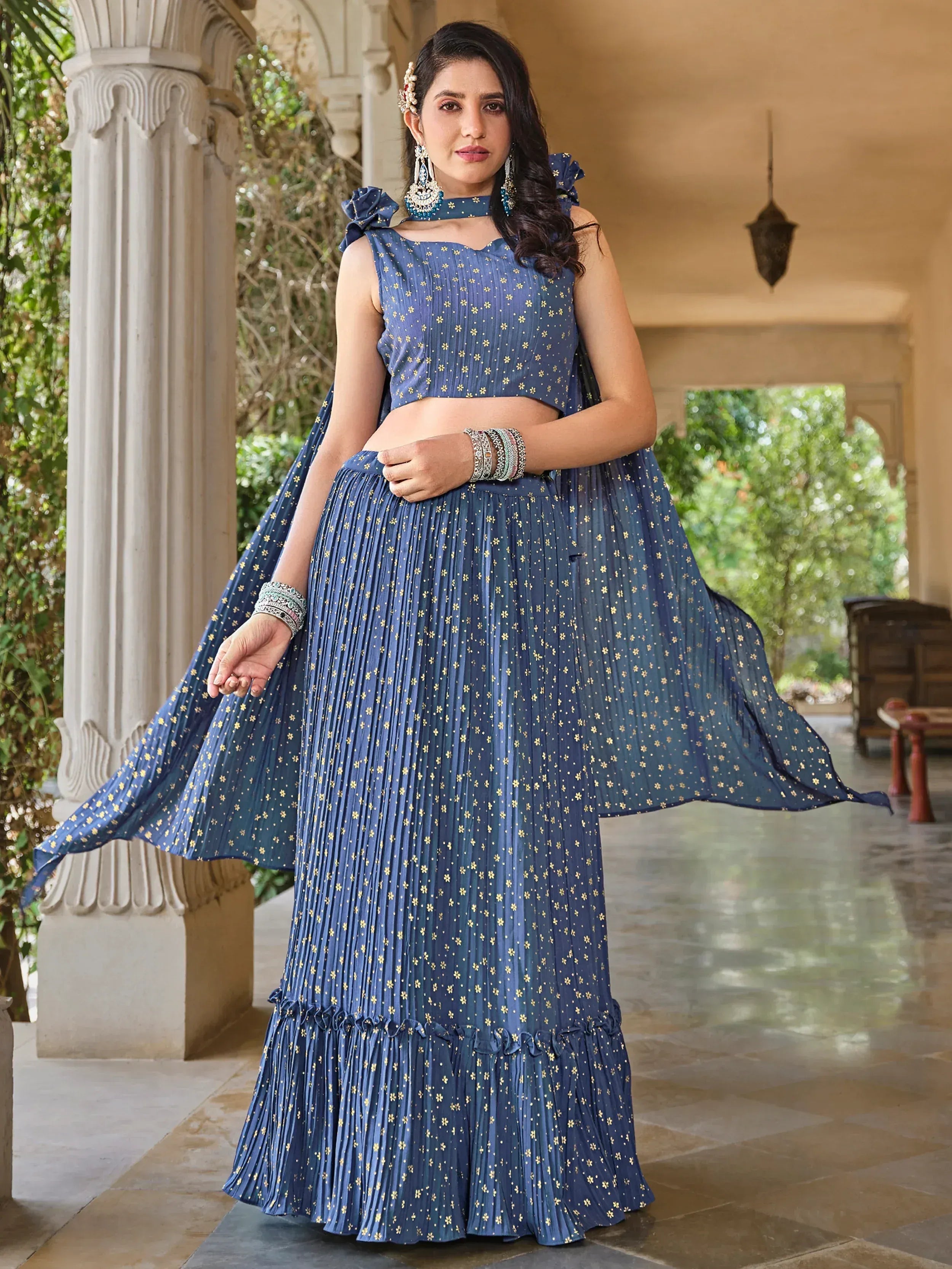 Attractive Grey Foil Work Georgette Party Wear Lehenga Choli