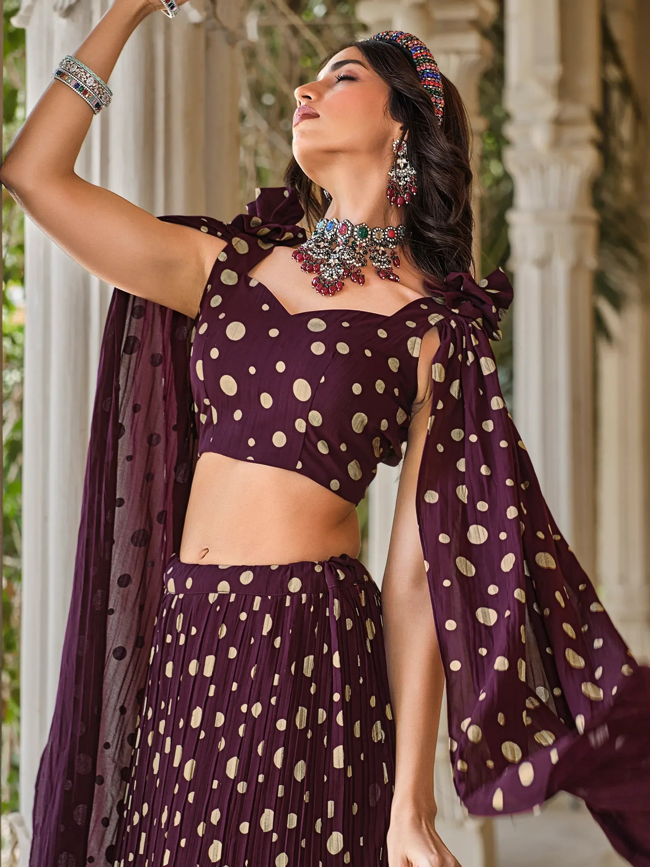 Stunning Wine Foil Work Georgette Party Wear Lehenga Choli