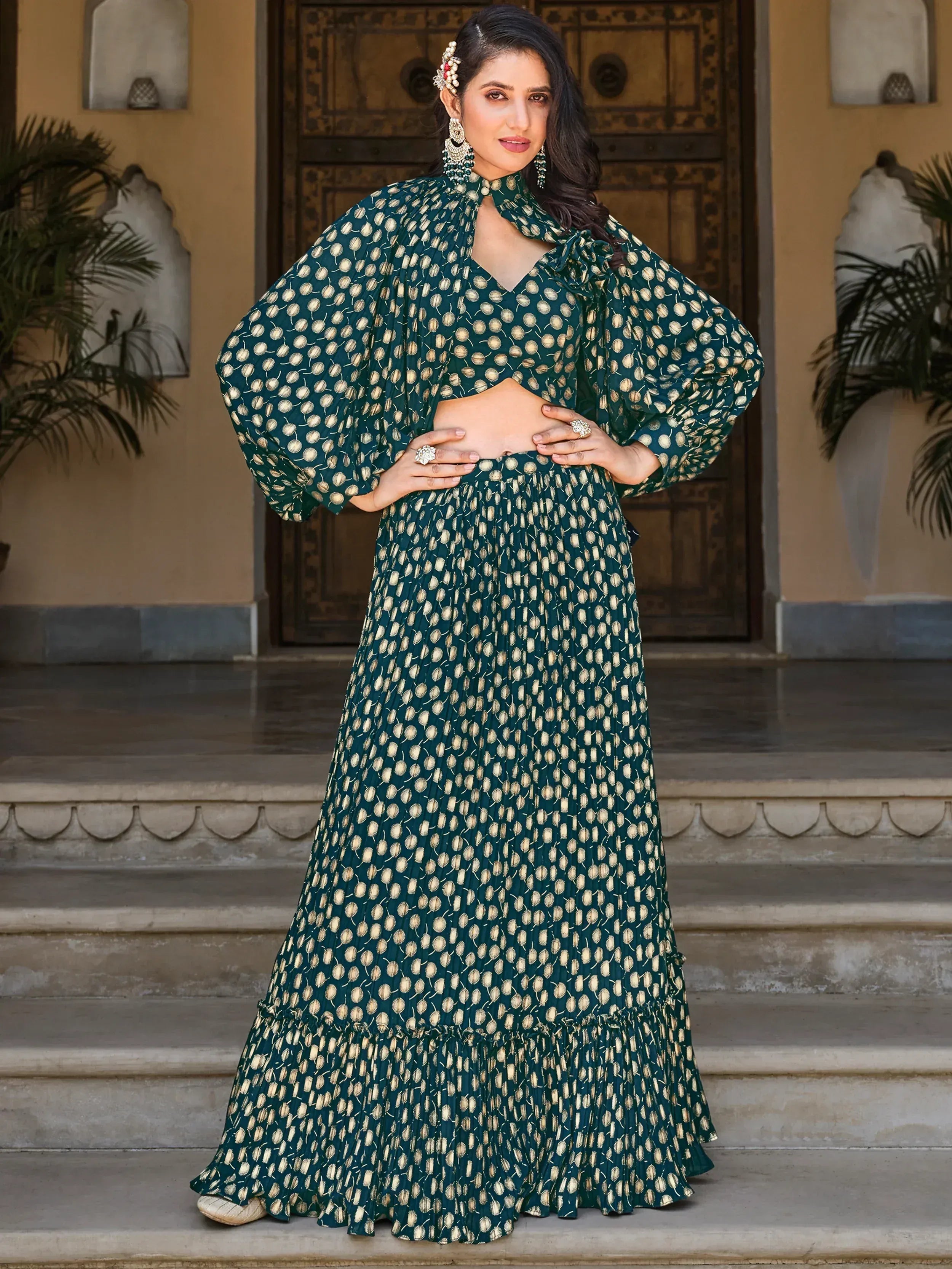 Spectacular Green Foil Work Georgette Skirt Crop Top With Jacket