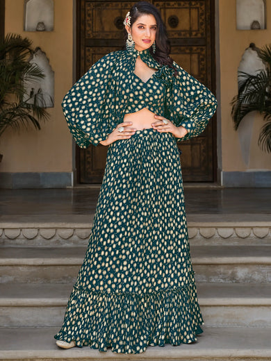 Spectacular Green Foil Work Georgette Skirt Crop Top With Jacket