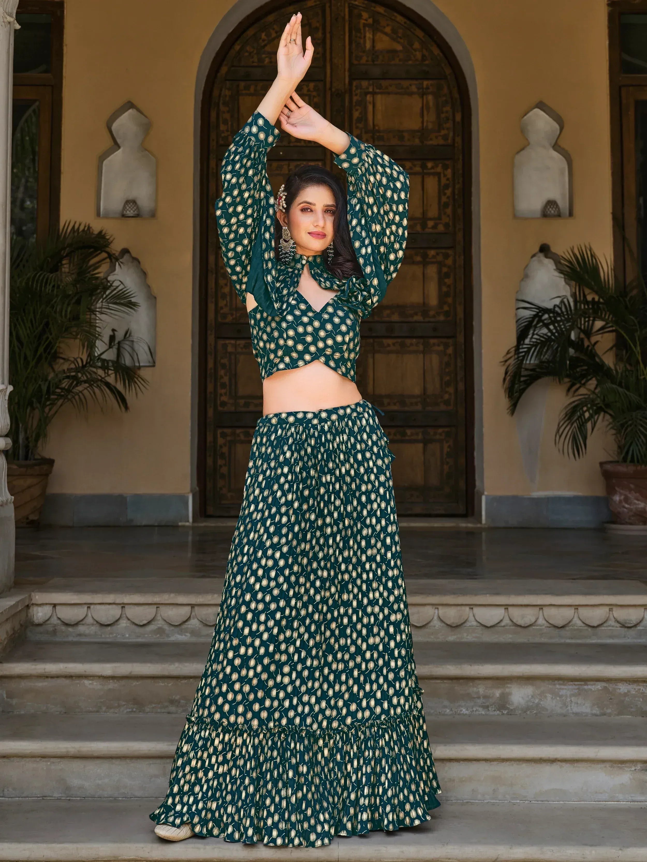 Spectacular Green Foil Work Georgette Skirt Crop Top With Jacket