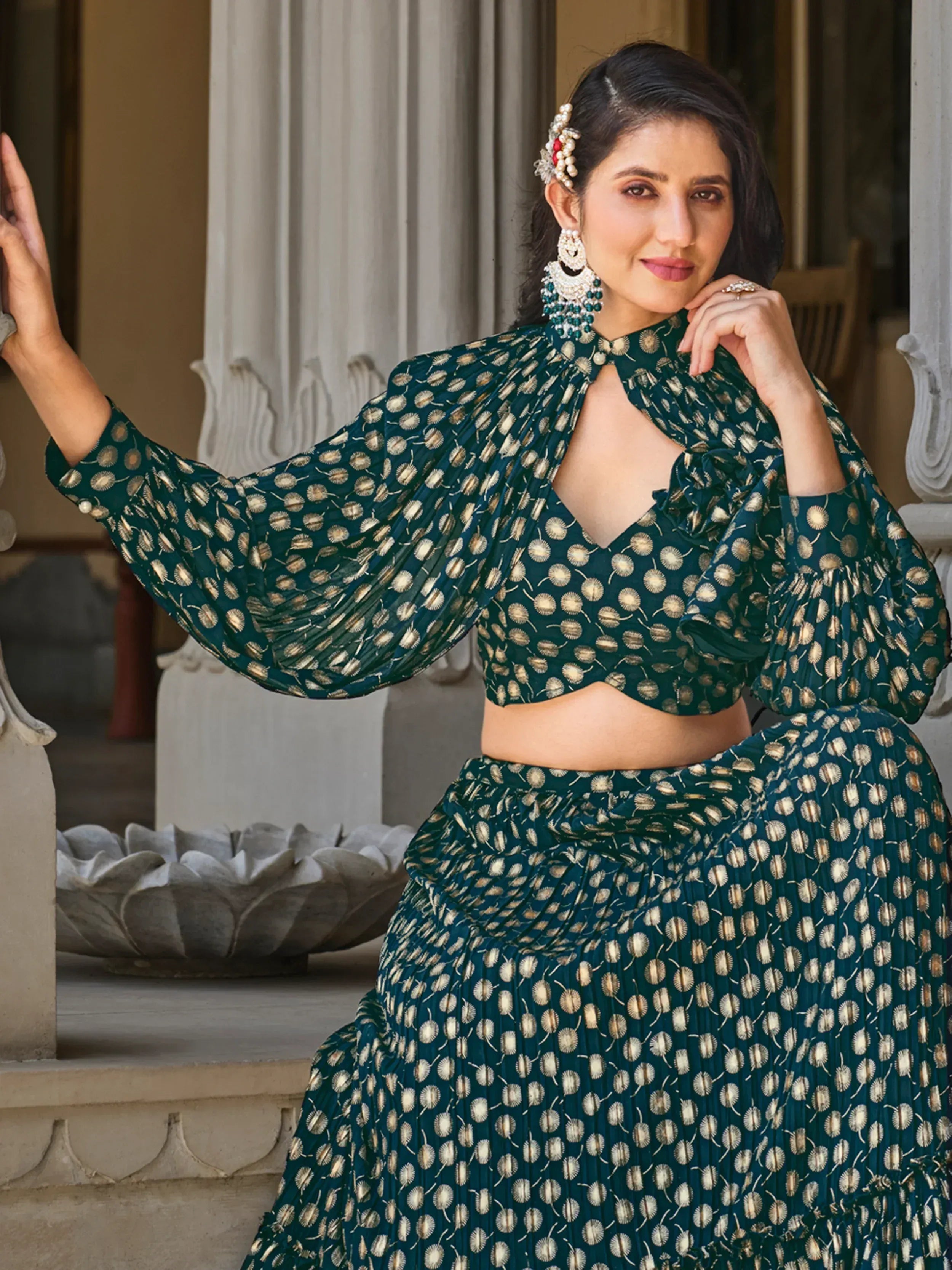 Spectacular Green Foil Work Georgette Skirt Crop Top With Jacket