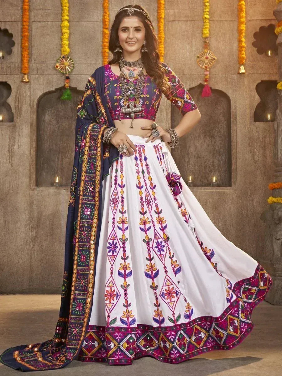 Colorful embroidered lehenga choli with floral patterns, perfect for Indian ethnic wear and festive occasions.