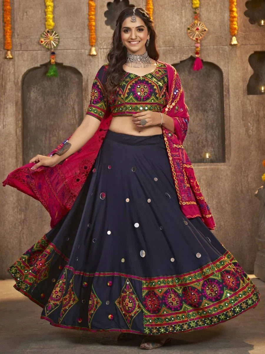Stunning Navy Blue Embroidered Rayon Navaratri Wear Lehenga Choli