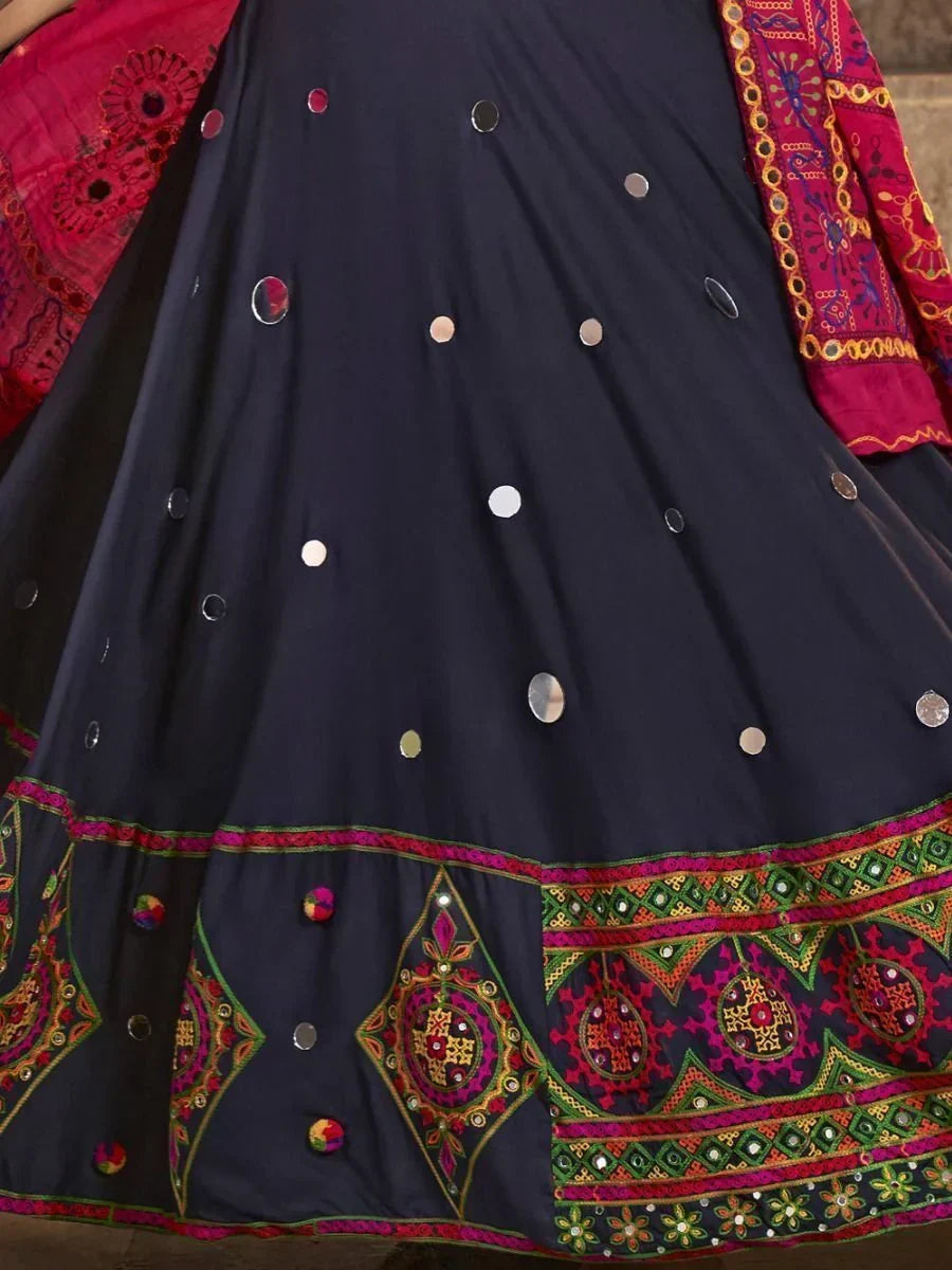 Stunning Navy Blue Embroidered Rayon Navaratri Wear Lehenga Choli