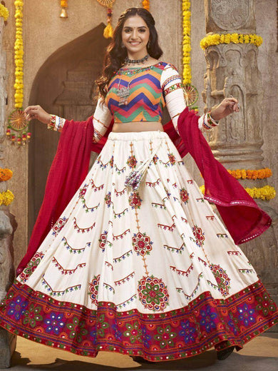 Lovely Pearl White Embroidered Rayon Navaratri Wear Lehenga Choli