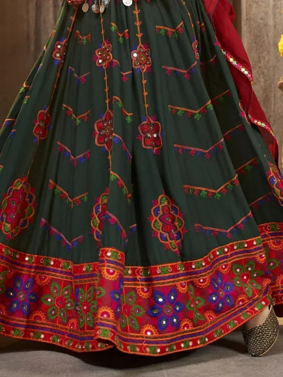 Green embroidered lehenga with mirror work and red border, Indian ethnic wear