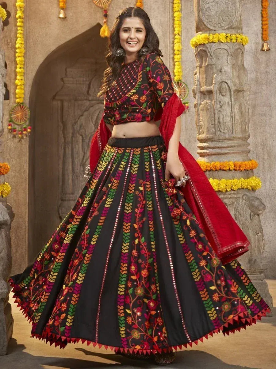 Black embroidered lehenga choli with red dupatta, traditional Indian ethnic wear for women
