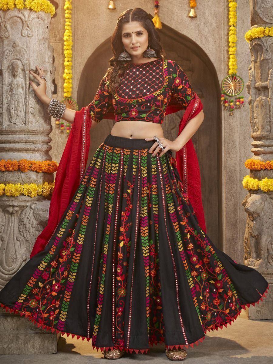 Black embroidered lehenga choli with red dupatta, Indian ethnic wear for women