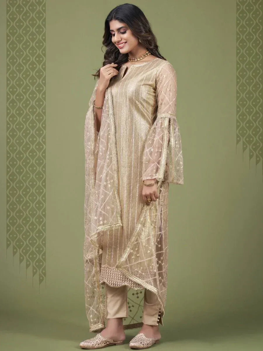 Elegant gold embroidered salwar kameez with flared sleeves and matching dupatta, perfect for Indian ethnic occasions.