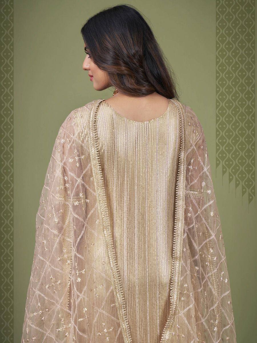 Elegant gold embroidered ethnic gown with sheer sleeves and detailed back design