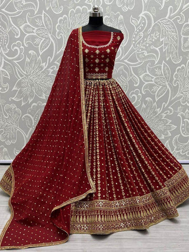 Magnificent Maroon Embroidery Georgette Bridal Lehenga Choli