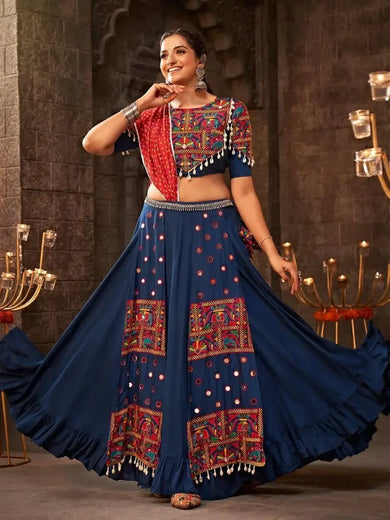 Traditional Blue Embroidered Rayon Navratri Wear Lehenga Choli