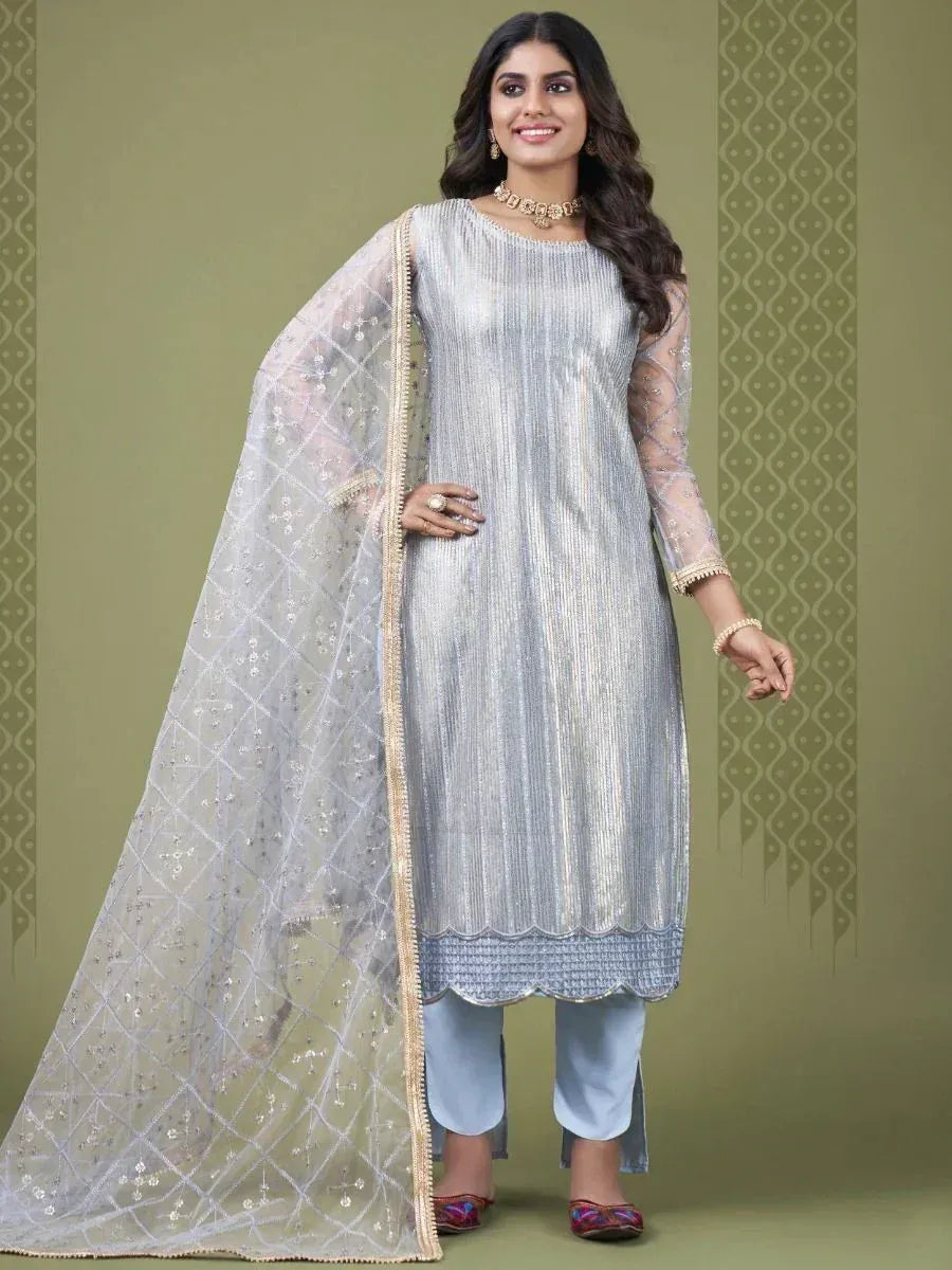 Elegant silver ethnic salwar kameez with embroidered dupatta, perfect for Indian occasions