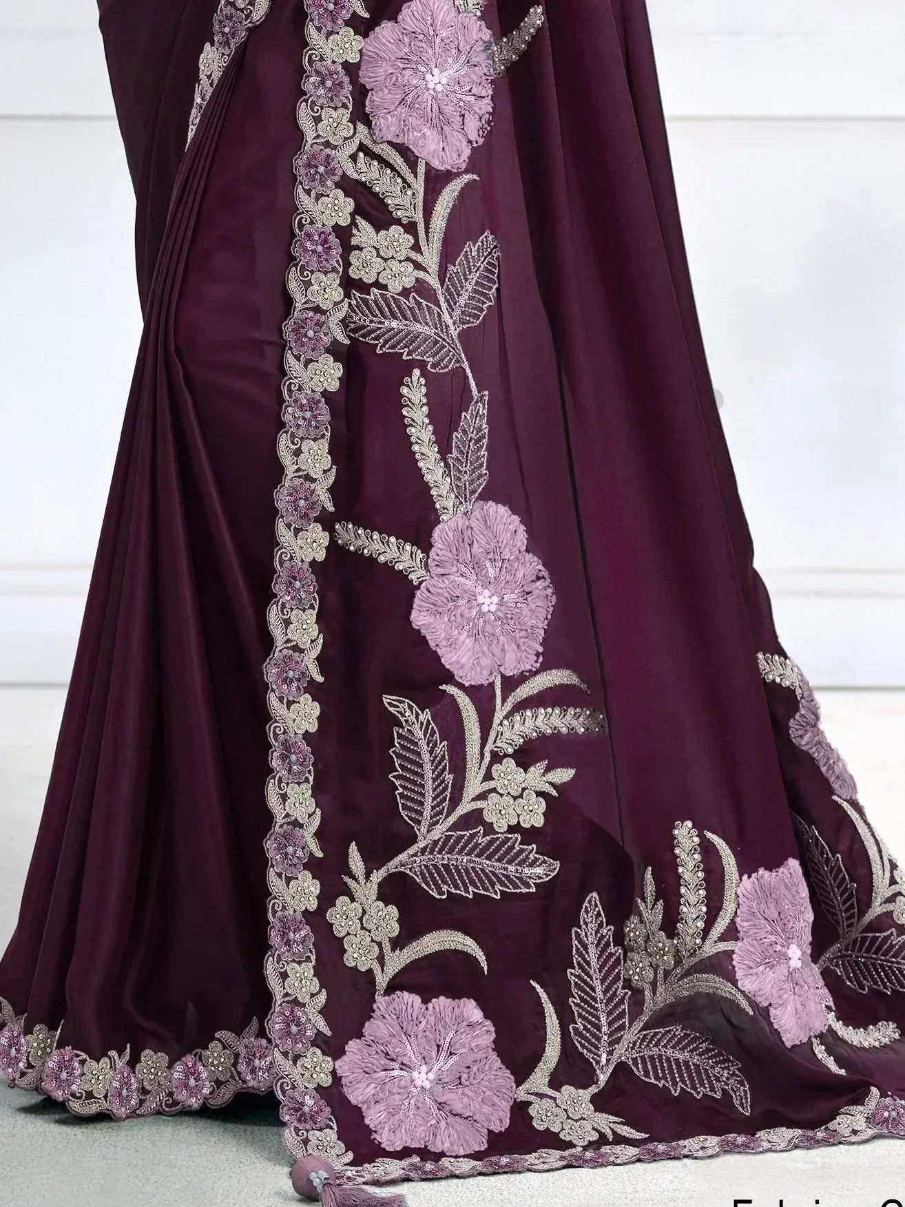 Magnificent Wine Patch Work Satin Party Wear Saree With Blouse