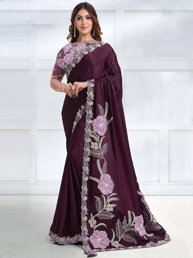 Magnificent Wine Patch Work Satin Party Wear Saree With Blouse