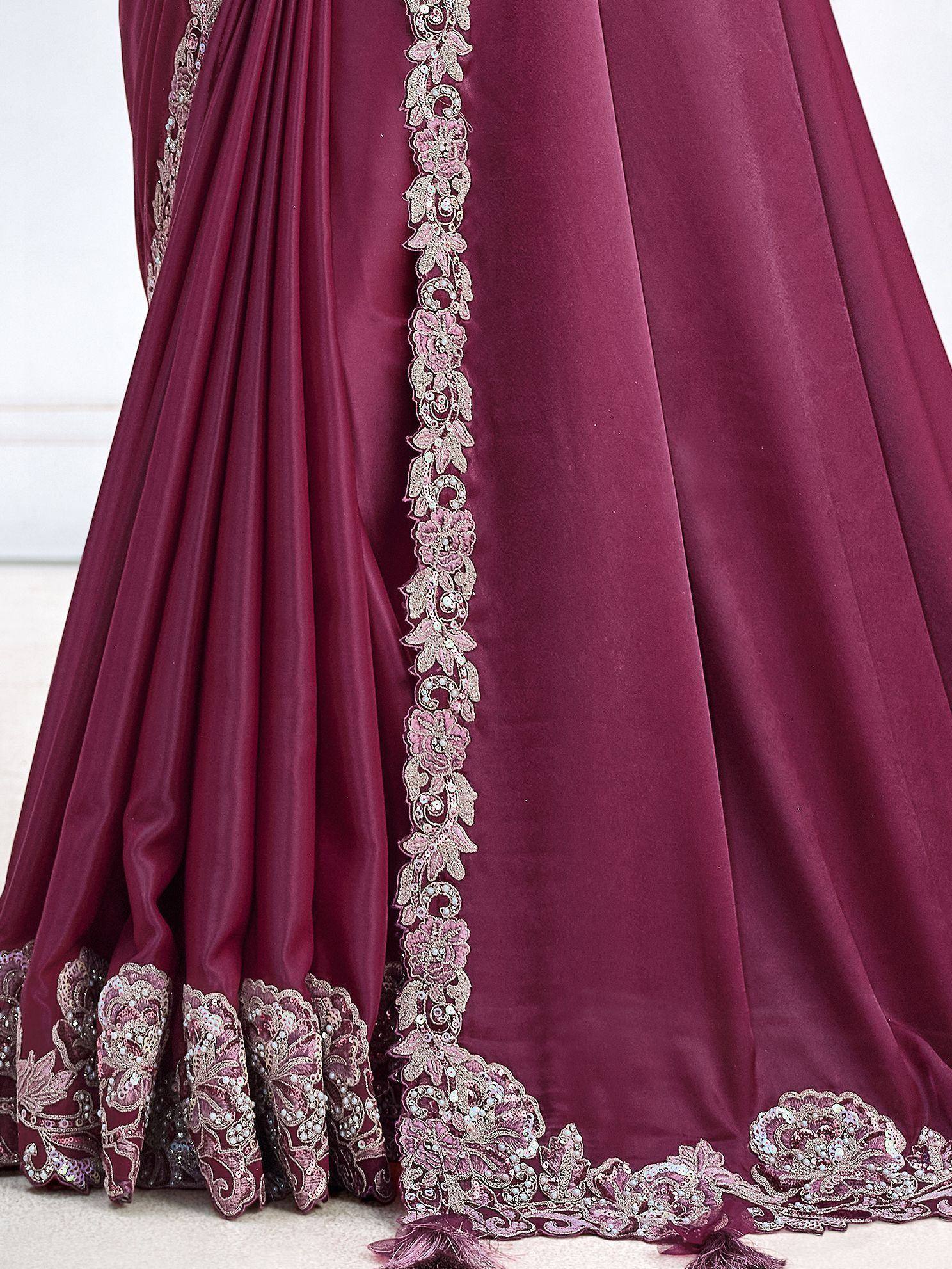 Burgundy lehenga with floral embroidery and sequin detailing, perfect for Indian ethnic wear occasions
